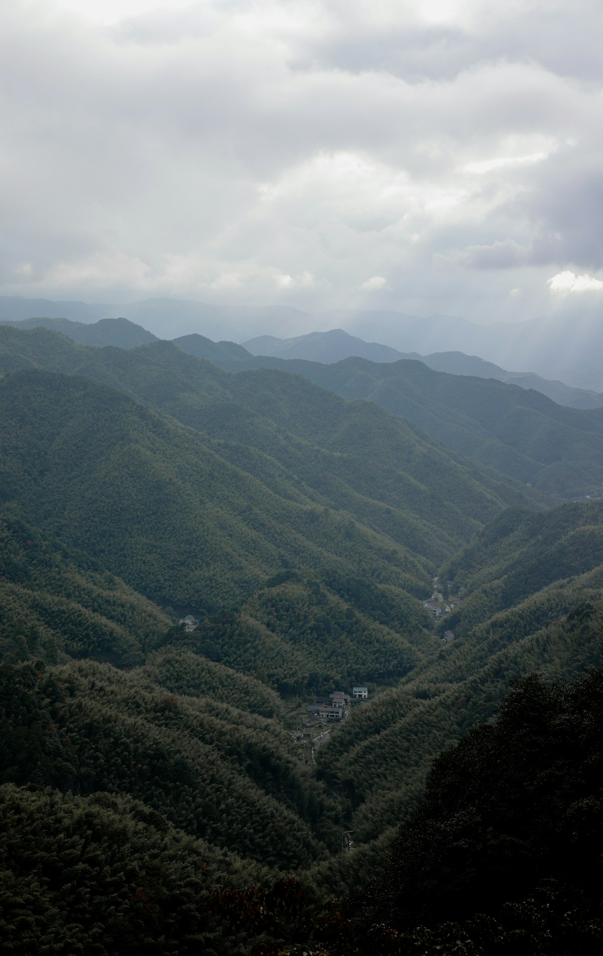 Mountain landscape evoking the terrain of China's wine regions